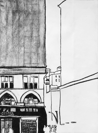 Starbucks Astor Place; 
2019; charcoal on paper, 24 x 18"